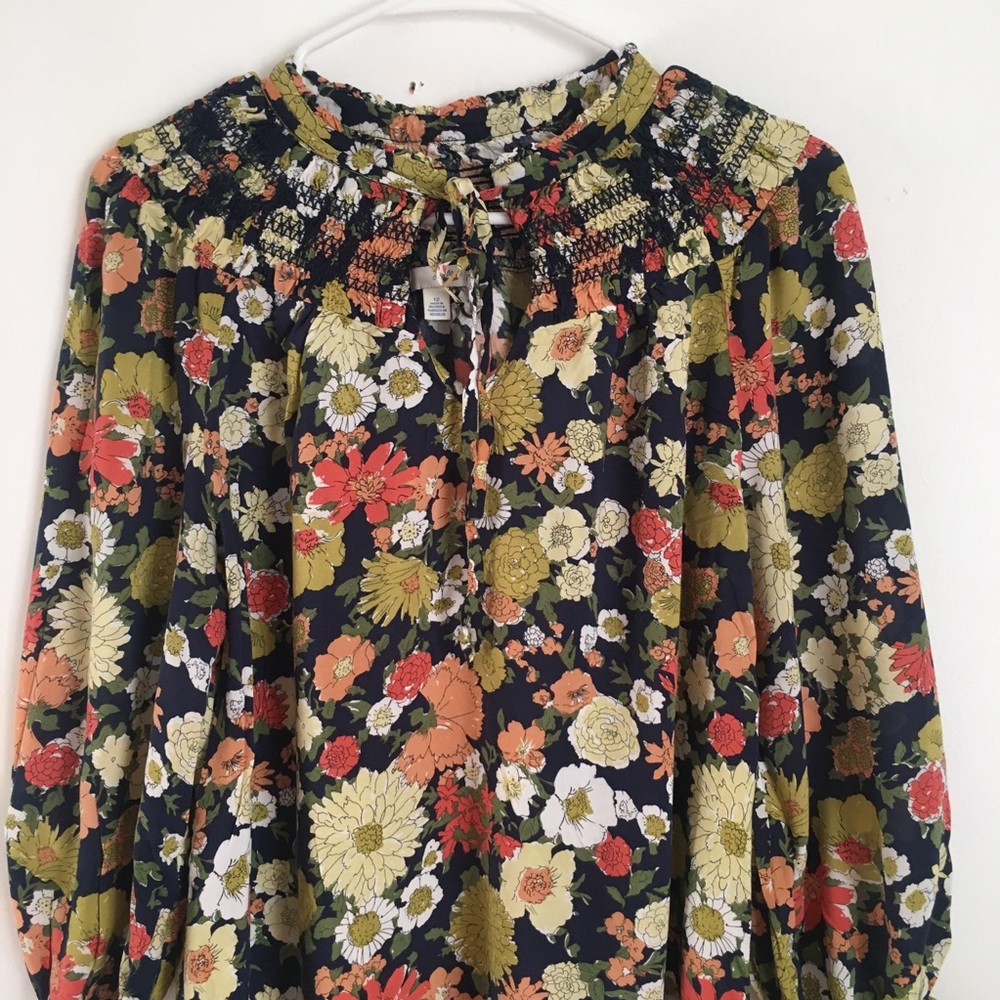 Anthropologie Navy Floral Peasant Blouse with Olive and Coral - Picture 2 of 6
